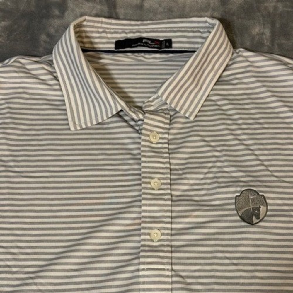 RLX Ralph Lauren Mens Gray White Striped Golf Polo Shirt XL Wellington National